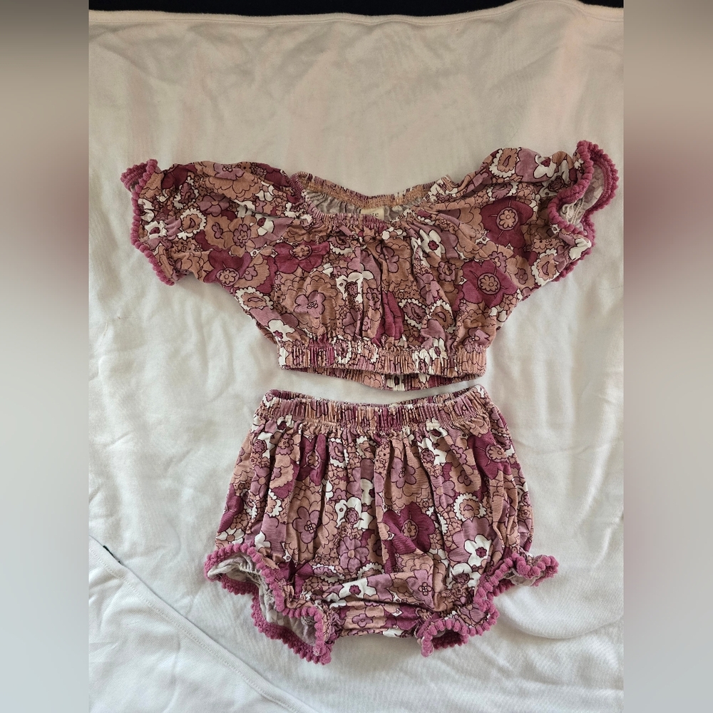 Kate Quinn 2 Piece Pom Bubble Sunsuit Mid-Century Floral Bamboo 18-24 month